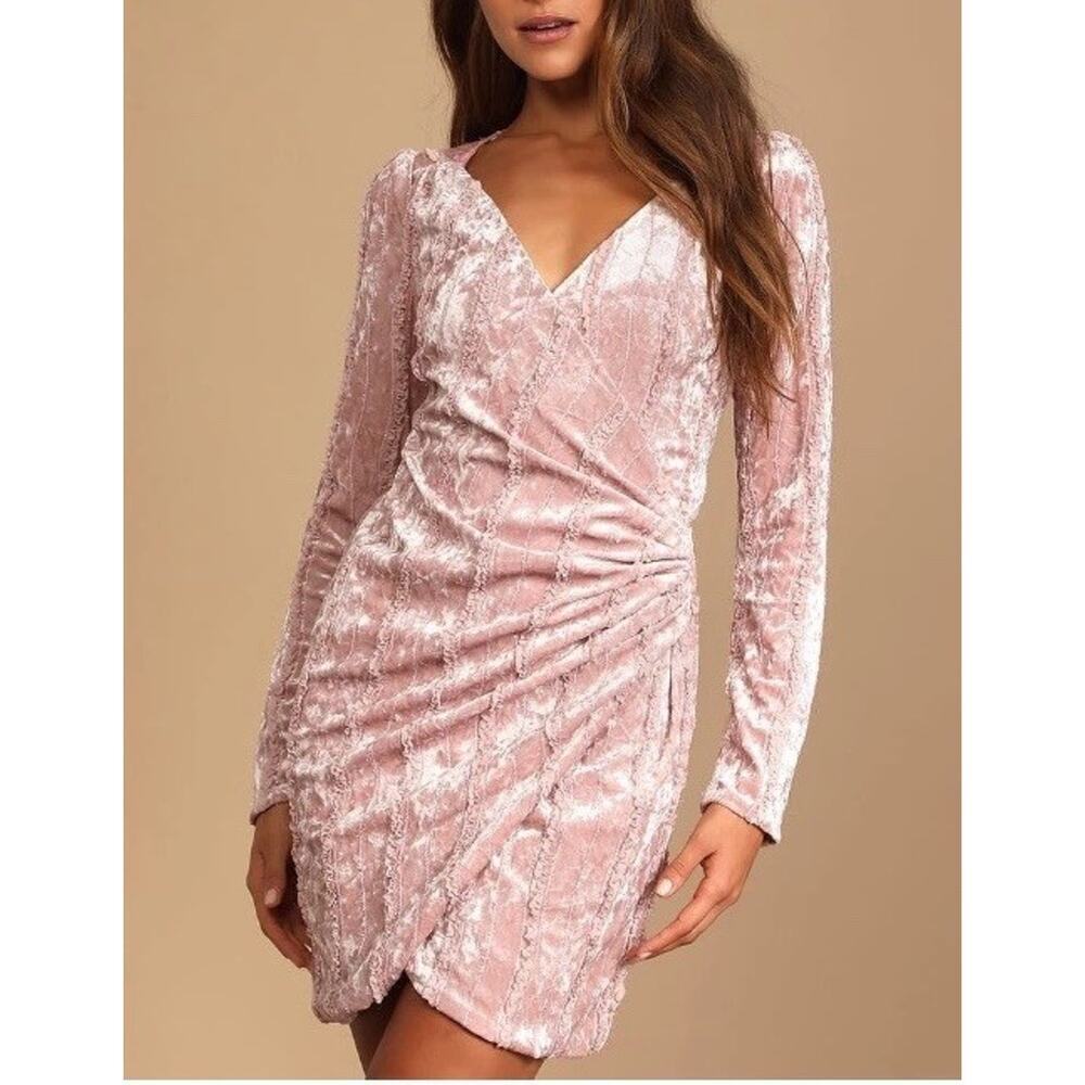 Lulus Celebrate It Mini Dress XS Dusty‎ Pink Velvet Tulip metallic coquette